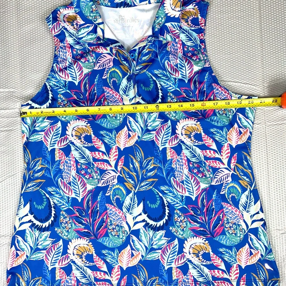 18 Birdies Polo Shirt Womens Large Blue Floral Paisley‎ Sleeveless Golf Stretch